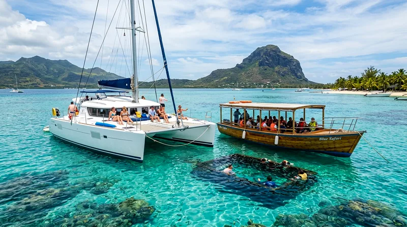 Catamaran vs glass bottom boat side by side in Mauritius lagoon
