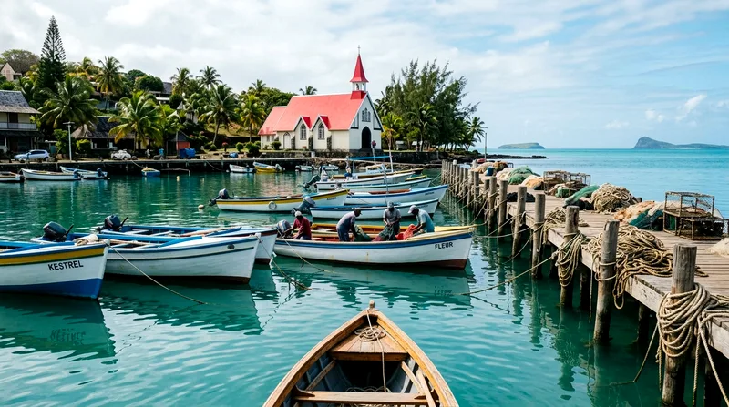 White fishing boats moored in Cap Malheureux harbor with church in background