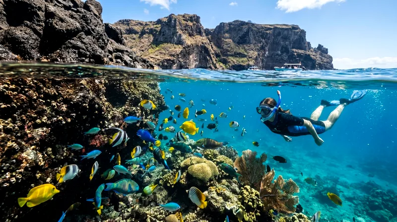 Snorkelling at Coin de Mire with colourful reef fish near volcanic rock