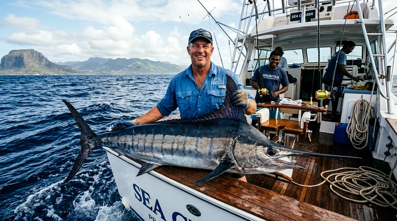 Angler holding large marlin caught on a Mauritius fishing boat charter