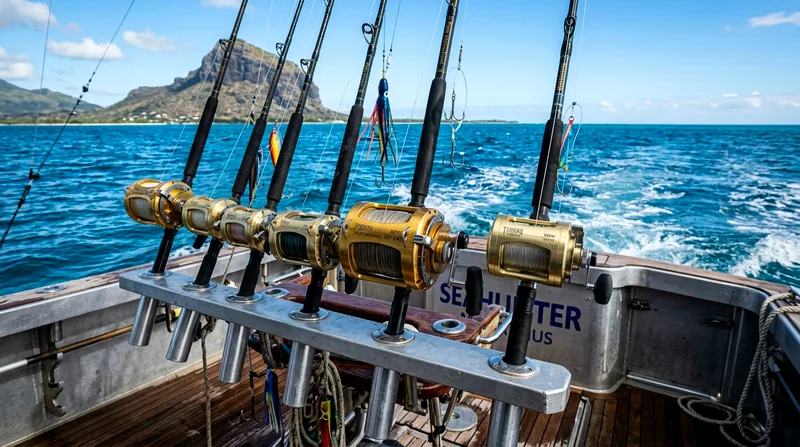 Fishing rods and reels mounted on a Mauritius deep sea fishing charter boat