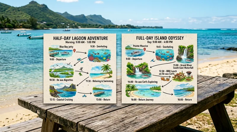 Timeline chart comparing Mauritius half day vs full day boat tour itinerary and stops