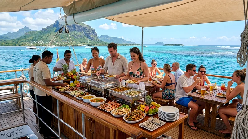 Tourists eating buffet lunch on boat deck during full day boat tour Mauritius