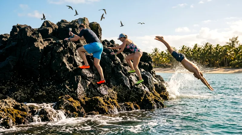 Swimmers in reef shoes climbing wet rocks and diving from Crystal Rock