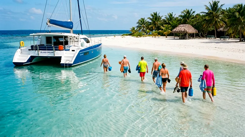 Catamaran anchored off Île aux Bénitiers beach with guests wading ashore