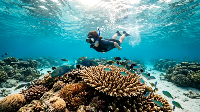 Coral garden with branching corals and colorful reef fish on Île aux Bénitiers reef