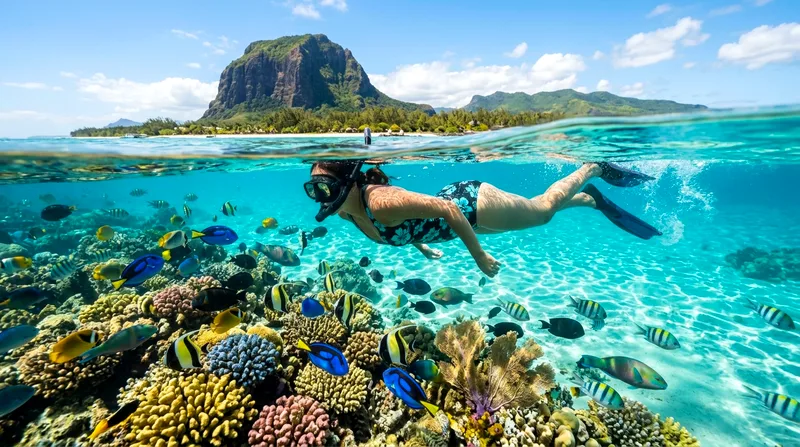 Snorkelling near Île aux Bénitiers coral reef Mauritius with tropical fish