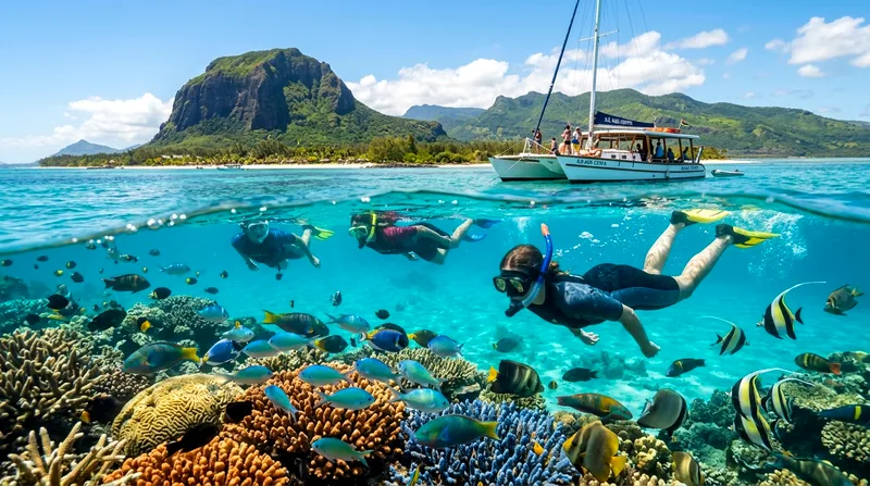 Snorkellers in Mauritius island hopping boat tour reef stop with coral and fish