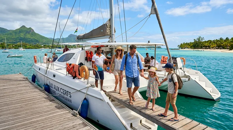 Family boarding catamaran for Mauritius island hopping boat tour to Île aux Cerfs