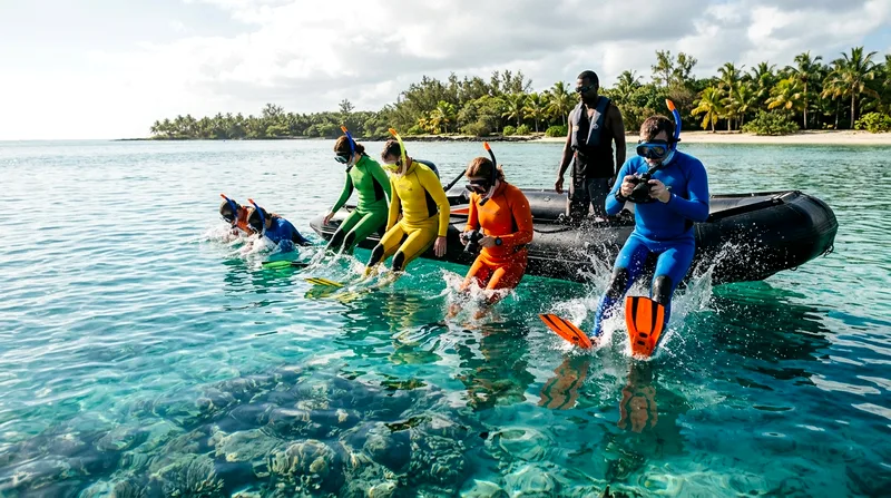 Snorkelers entering water from boat tender near Île aux Cerfs
