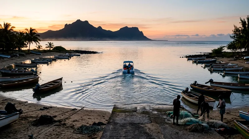 Boat departing early morning from Black River with Tamarin hills in background