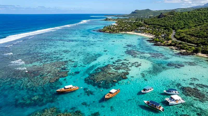 Aerial view of south Mauritius boat charter reef snorkeling sites near Bel Ombre