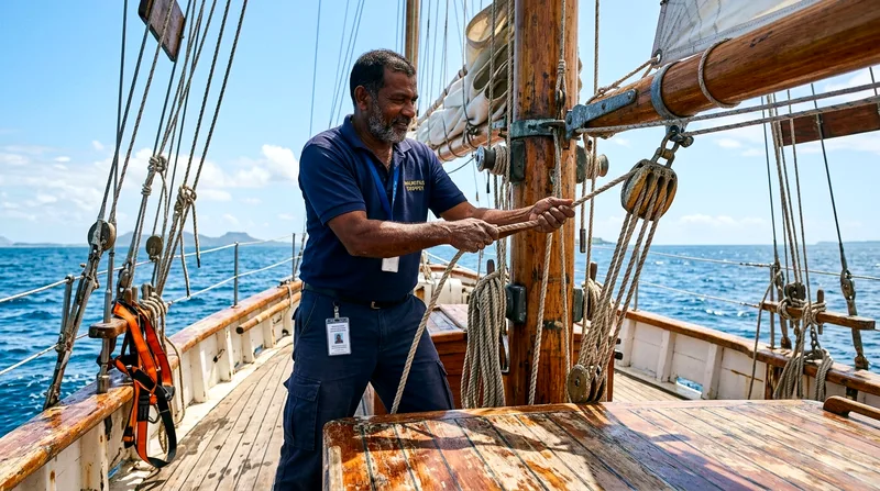 Licensed skipper checking safety equipment before boat departure