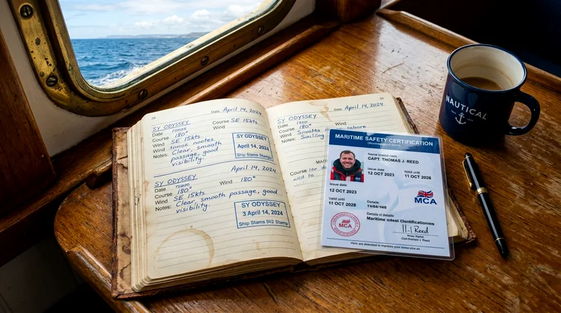 Maintenance log and boat certification papers on cabin table