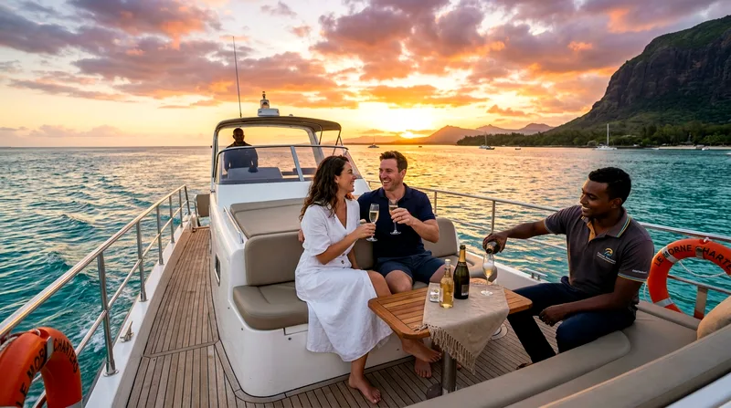 Private boat tour Mauritius sunset cruise with couple and dedicated crew