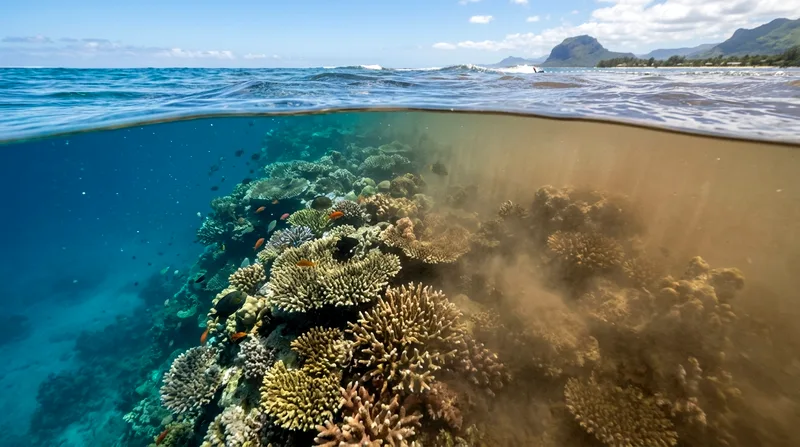 Clear outer reef water compared to silted inshore lagoon at same site