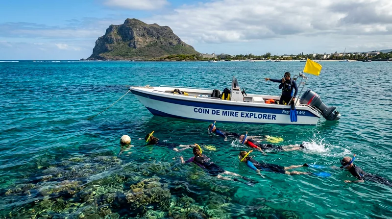 Six-person snorkel group with guide at Coin de Mire reef in northern islets