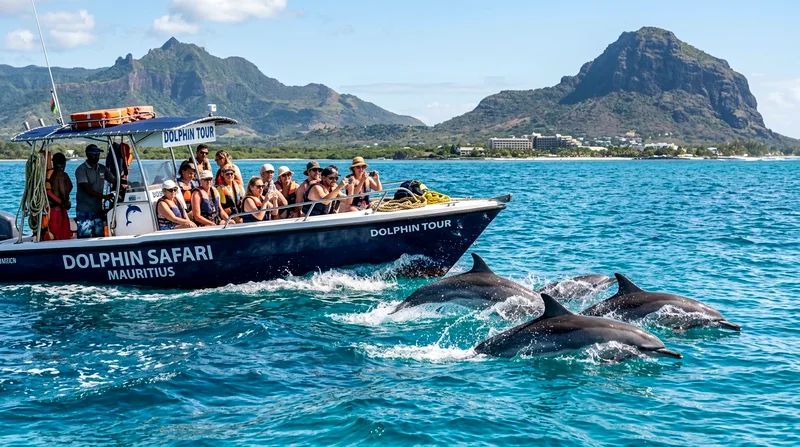 Mauritius speedboat dolphin tour boat near dolphins off Tamarin Bay