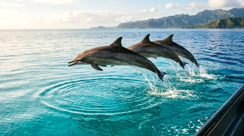 Spinner dolphins breaching in deep channel water near Tamarin