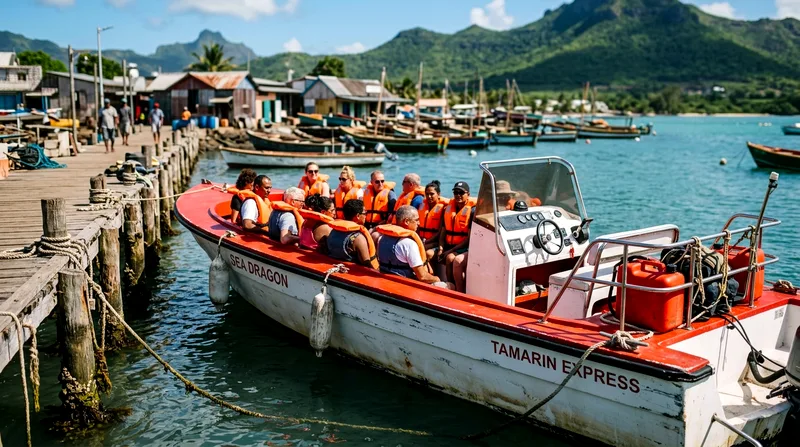 Speedboat with six passengers moored at Tamarin jetty