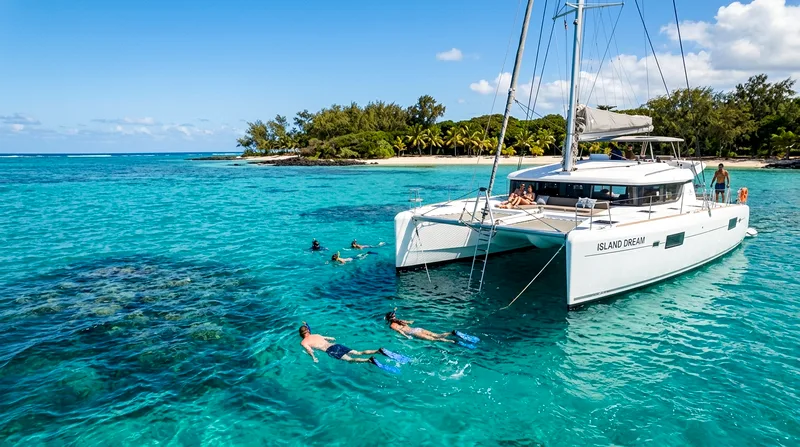 Private catamaran charter with snorkellers near Île aux Cerfs, Mauritius