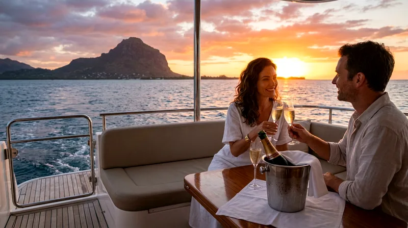 Sunset champagne service on a luxury yacht charter in Mauritius