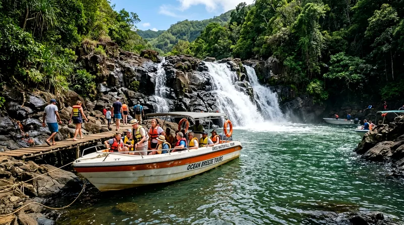 Speedboat tour stop at Grand River South East waterfall near Île aux Cerfs