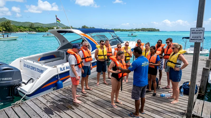 Group boarding speedboat tour to Île aux Cerfs with life jacket safety briefing