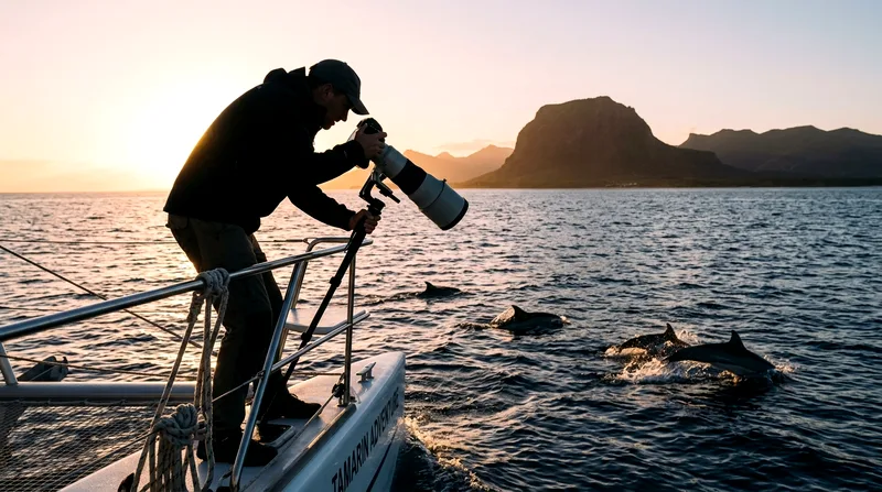 Photographer with professional camera and telephoto lens at catamaran rail for sunrise