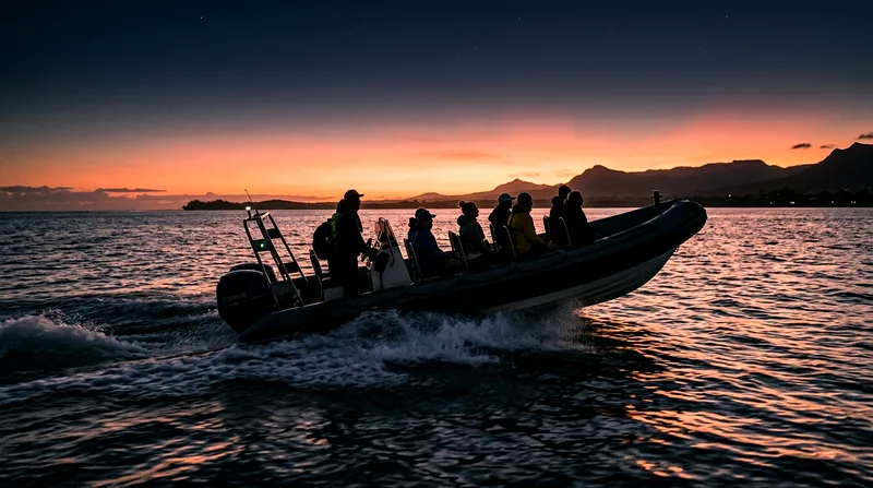 Small speedboat heading toward Tamarin dolphin grounds as sky lightens at 6:45 a.m.