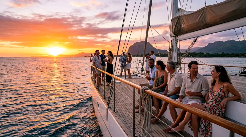 Mauritius sunset catamaran cruise with passengers watching sunset over Indian Ocean
