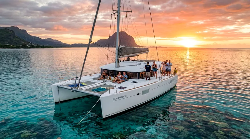 Catamaran anchored near coral reef during Mauritius sunset boat tour