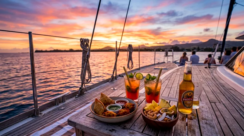 Drinks and snacks served on Mauritius sunset catamaran cruise deck