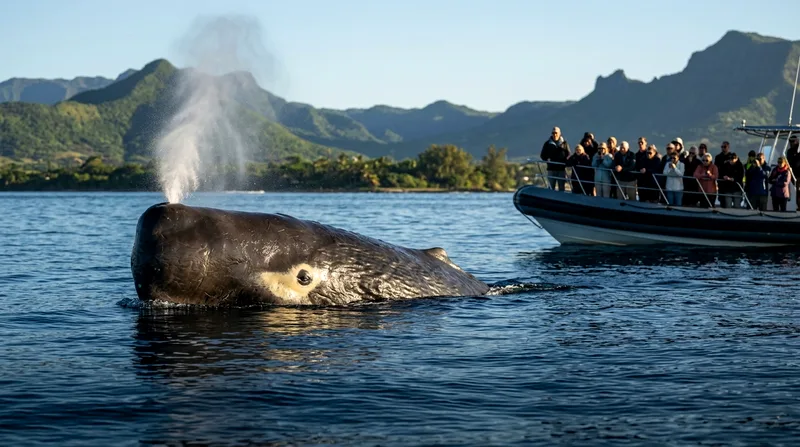 Resident sperm whale at surface showing head and blow-hole in deep water