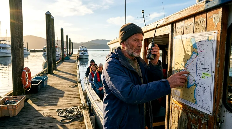 Tour operator checking latest whale sighting coordinates on radio before departure