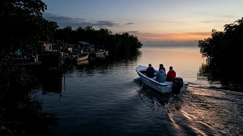 Early morning speedboat departing from Black River dock before 7 am