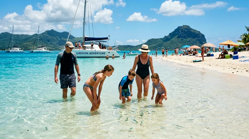 Family of five exploring Île aux Bénitiers during combo tour lunch stop