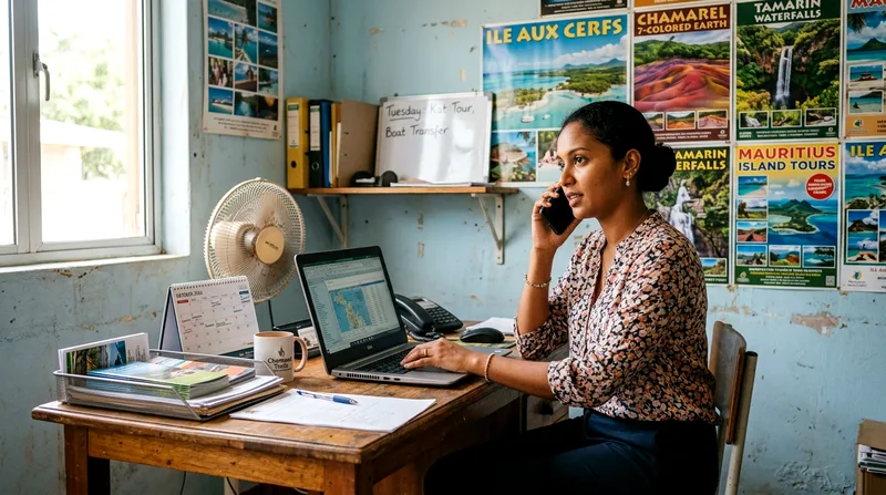 Tour operator and booking manager at small office desk with laptop and phone